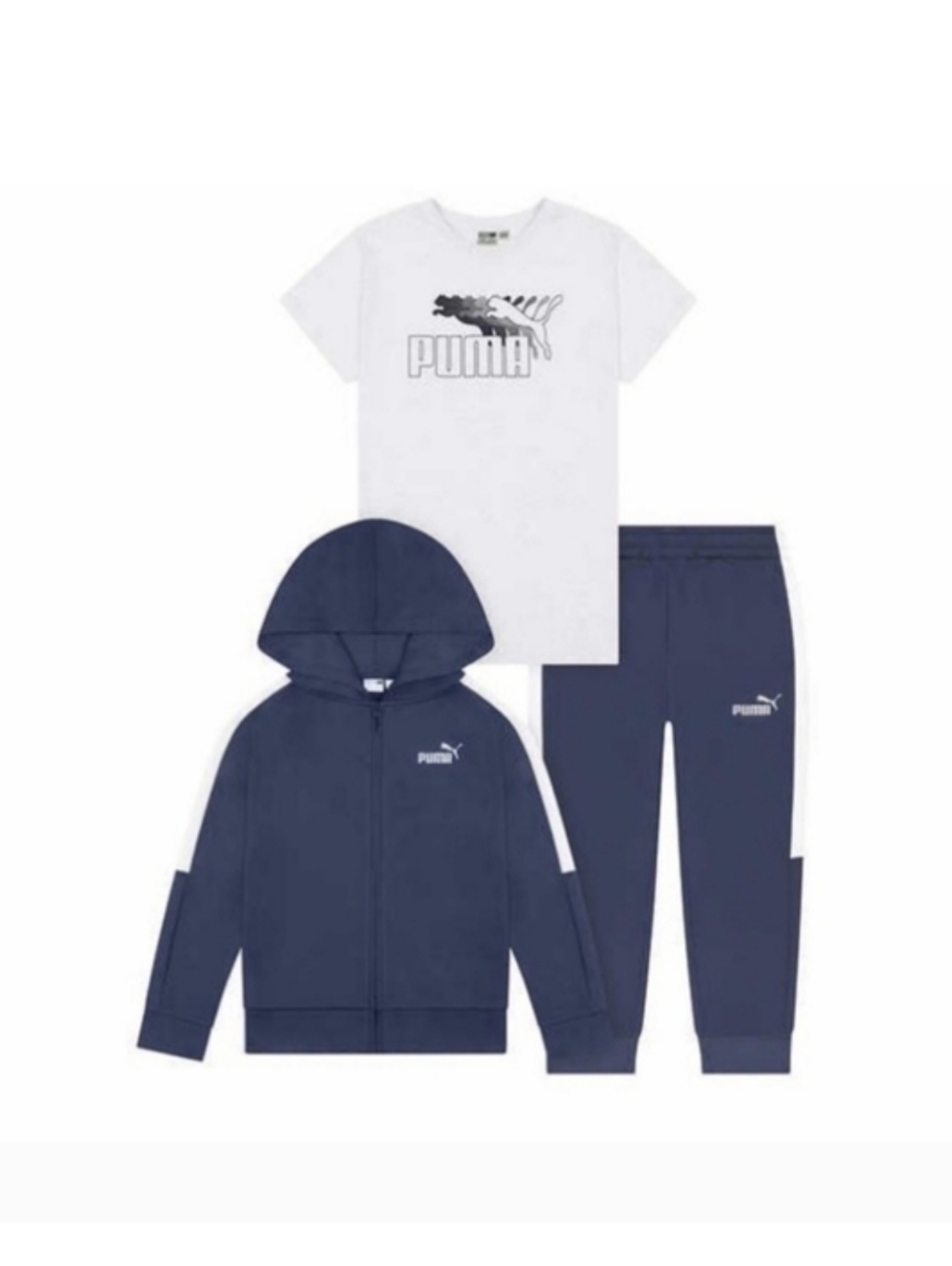 Puma Boys 3-Piece Tech Fleece Hoodie, Tee & Jogger Set, Navy/Gray XS 5/6